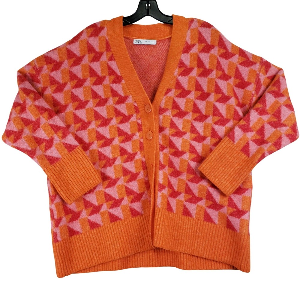 Zara Wool Blend Cardigan Womens M Orange Pink Geometric Oversized Retro Mod